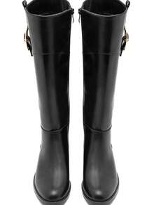 calcena Women's Classic Equestrian Knee-High Boots With A Decorative Top Cuff Strap And Gold-Tone Buckle, Elegant Riding Style With A Low Block Heel And Round Toe For All-Day Comfort - Black - View 4