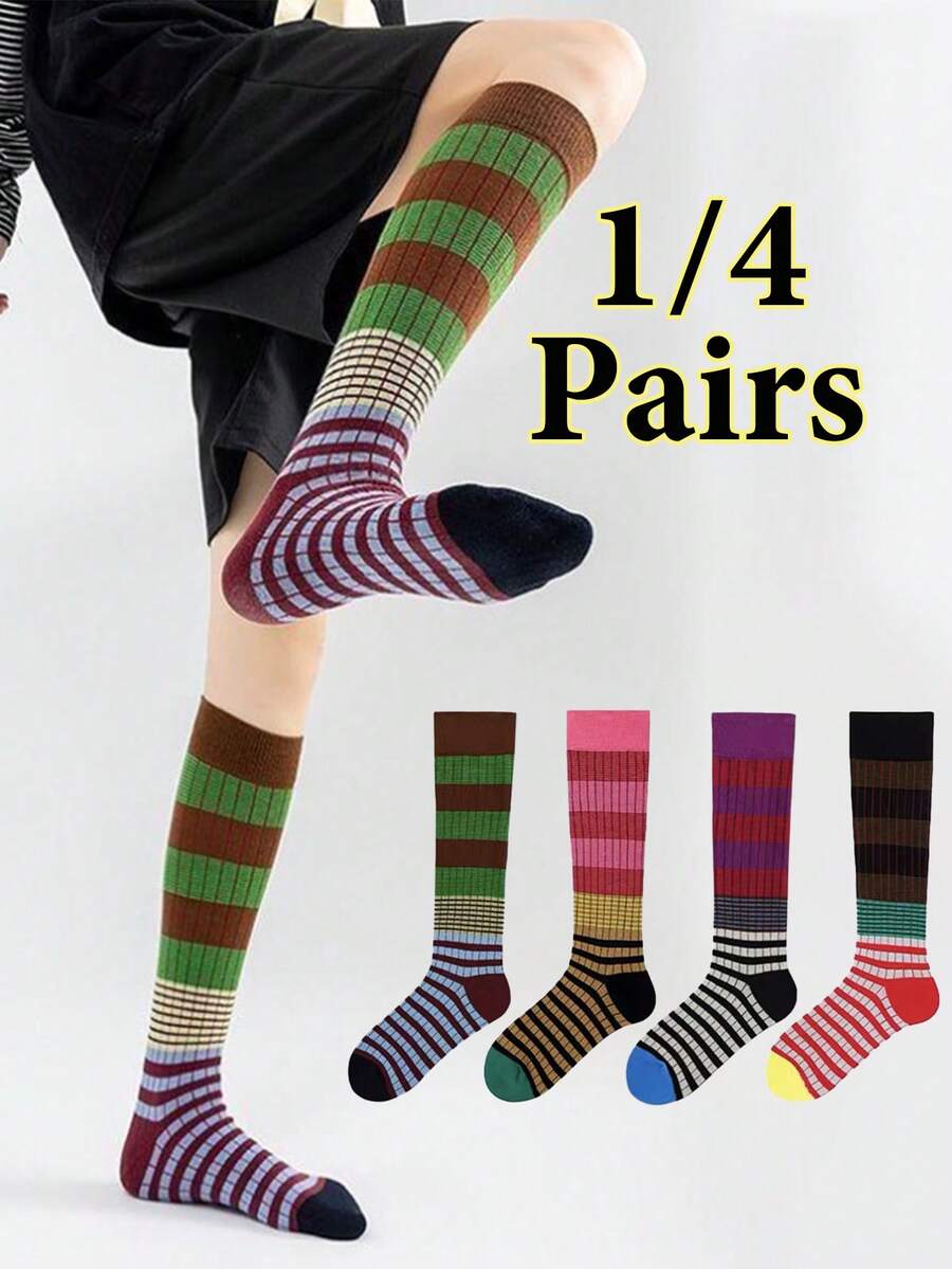 1 Pair/2 Pairs/4 Pairs Minimalist Striped Outdoor Mid,Calf Socks, Elastic, Moisture,Wicking, Breathable, Comfortable, Cozy Socks
