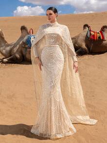 Faeriesty Valentine's Day Haute Glamour Luxe Two Pieces Sparkly Beaded Gown Set: Beaded Sequin Mermaid Gown & Fish Scale Beaded Cape, Long Sleeve Sheer Design With Cinched Waist - Elegant Bridal & Evening Wear Perfect For Weddings, Red Carpet Events, And Formal Galas For Women Birthday Outfit Clothes - Champagne - View 9