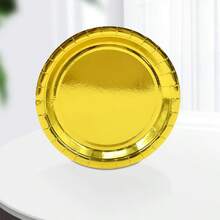 100/50/30/20个装 7英寸/9英寸一次性金色纸盘，加厚防漏，3秒即可轻松清理，适用于派对/露营/家庭使用，可用于蛋糕、生日、节日、毕业典礼、圣诞节、感恩节、斋月、复活节装饰 - 金色 - 查看 9