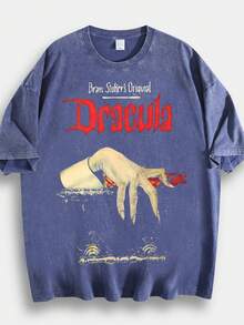 Men's Hip-Hop Style T-Shirt With Dracula Theme Print, Unique Design, 230g 100% Cotton, Loose Fit, Short Sleeves, Top. DG004 - 黑色 - 查看 7