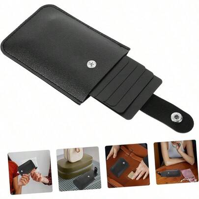 Business Card Holder, Artificial Leather Card Holder, Large Capacity, 6 Slots, Solid Color Button, Ultra-Thin And Simple Portable Business Card, Bank Card, Driver's License, Storage Bag, Black.