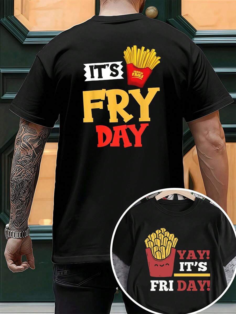 Fry Day Funny Casual Style Graphic , Men's Double-Sided Printed Fashionable Casual Crew Neck 220gsm Pure Cotton T-Shirt(1 PC) - Black - View 1