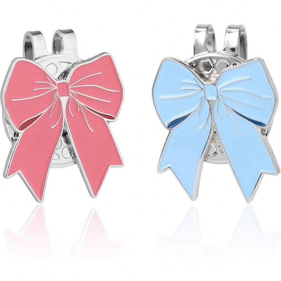2pcs Magnetic Ball Marker With Hat Clip, Cute Bow Shape Strong Magnet Ball Marker Versatile Decoration Accessories Men Women Golfer Pink, Blue - initial - View 1