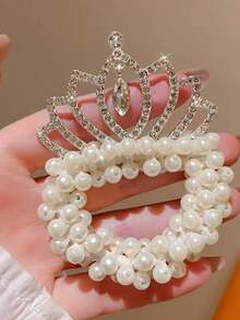 1/3/4 件装珍珠发箍，适合女孩 - 公主皇冠发箍，配有弹力发圈，可扎成马尾辫 - 闪亮水晶镶嵌皇冠头饰 - 白色 - 查看 11