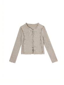 甜辣V领系带袖口长袖针织毛衣，荷叶边修身套头衫，女士