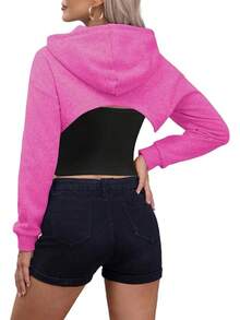 Women Crop Top Pullover Sweatshirt Long Sleeve Drawstring Hoodie - Hot Pink - View 5