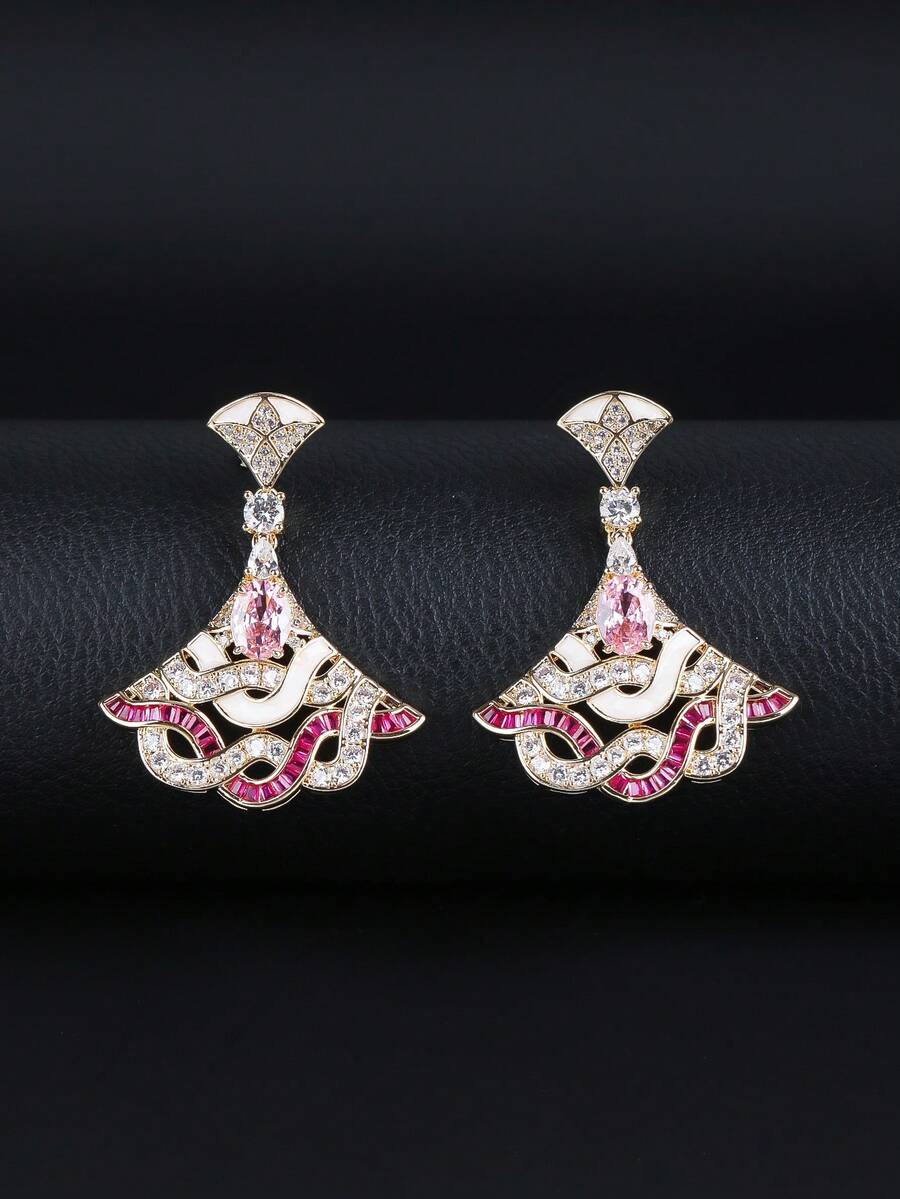 1 Pair Luxury Jewelry Style Copper Inlaid Cubic Zirconia Fan-Shaped Long Pendant Earrings, Matching Wedding Gown, Evening Dress, Wedding, Party Jewelry