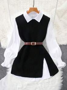 Fashionable Minimalist Versatile Commuting Soft Elegant Knitted Crew Neck Sweater Vest - Black - View 1
