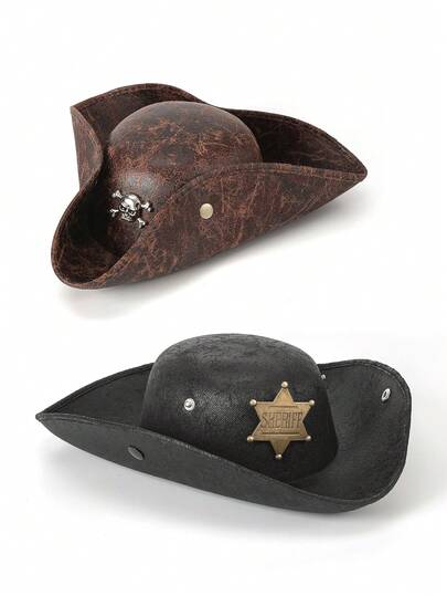 1pc Skull Badge Metal Decor Party PU Leather Windproof Sun-Shading Triangular Pirate Hat Captain Hat, Suitable For Costume, Masquerade, All Seasons, Unisex For Halloween