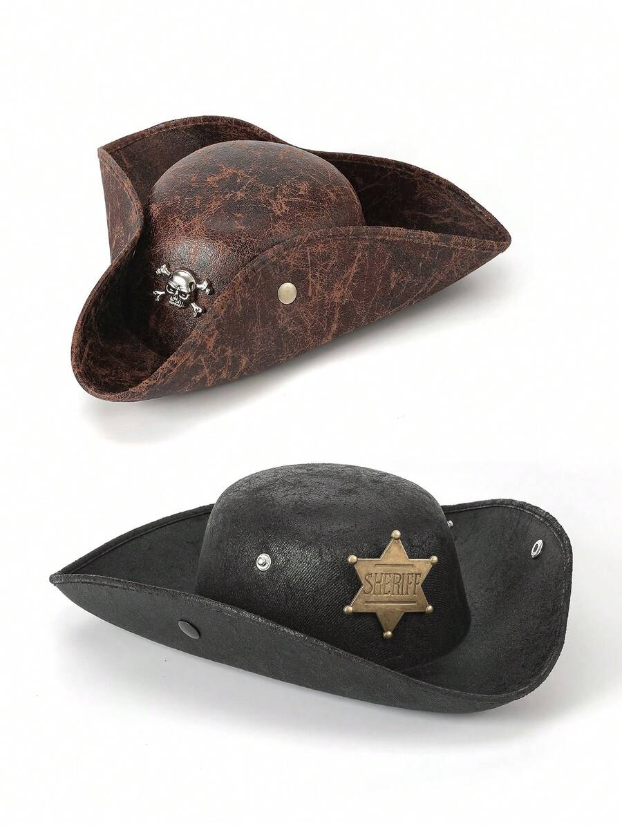 1pc Skull Badge Metal Decor Party PU Leather Windproof Sun-Shading Triangular Pirate Hat Captain Hat, Suitable For Costume, Masquerade, All Seasons, Unisex For Halloween