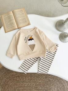 2件套女婴休闲冰淇淋刺绣长袖运动衫和裤子套装，春夏