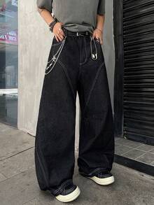 1件复古美式拼接牛仔裤，时尚百搭宽松阔腿男士裤（产品不含腰带和配饰） - 黑色 - 查看 6