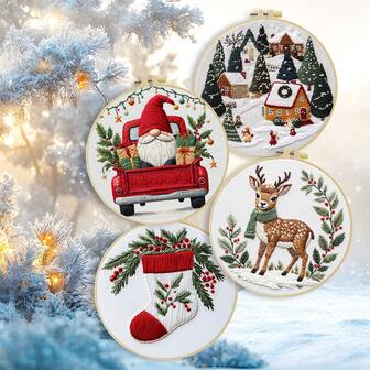 1 Piece Embroidery Set, 15x15cm/5.9x5.9 Inches, 20x20cm/7.9x7.9 Inches, Handmade DIY Embroidery Set, Christmas, Santa Claus, Deer, Winter Scenery Patterns, Suitable For Adult Beginners, Including Embroidery Cloth, Instruction Manual, Embroidery Frame And Needle, Gifts For Friends And Family, Furniture, Office Handmade Artwork.