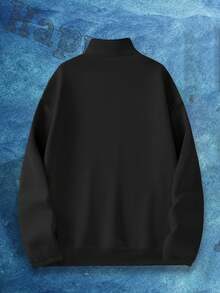 Plus Size Men's Customized Sweatshirt With Ripped Design, Able To Add Photos, Half-Zip Loose Casual Top, Fall, Long Sleeve Top - Black - View 4