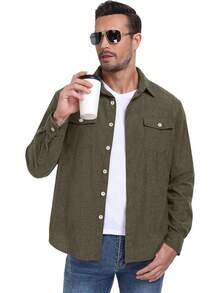 Men's Corduroy Button Down Long Sleeve Casual Shacket Western Shirt With Flap Pockets, 2025 Style - A09 軍綠色 - 查看 2