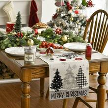1pc Grey Pine Tree & Snowflake Merry Christmas Table Runner, Winter Christmas Holiday Kitchen Dining Table Decor, Home Party Decoration, 33x90/120/183/230/275cm - Grey - View 3
