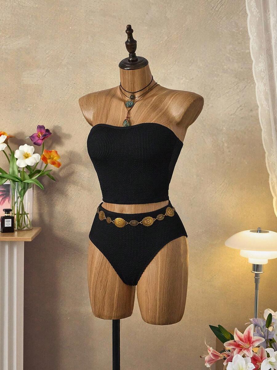 Bellisia Conjunto de biquíni feminino de verão, cor sólida, com faixa e parte de baixo franzidas, moda praia minimalista