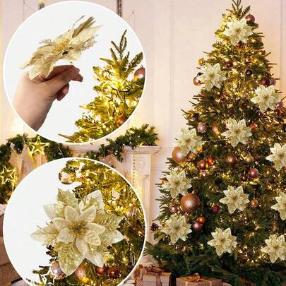 1/10/20/30pcs Poinsettia Christmas Decorations (With Clips) - 10pcs Artificial Flowers Red, Gold, Silver Christmas Tree Ornaments Glitter New Year Wedding Party Wreath DIY Decor, Packaged Home Decor Room Decor