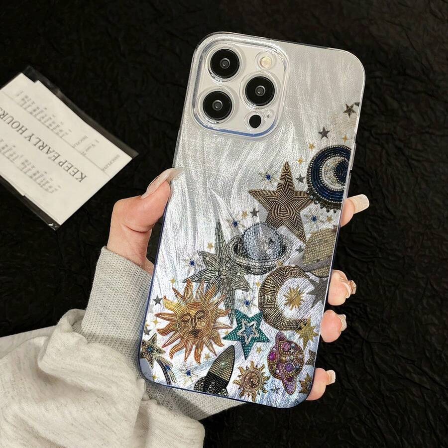 1pc Dreamy Universe Sun & Star Feather Design Personalized High-End Phone Case Compatible With IPhone 17/16/15/14/13/12/11 - Multicolor - View 1
