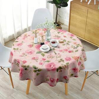 1pc Spring And Summer Romantic Retro Pink Rose Pattern Round Tablecloth, French Elegant Floral Print Tablecloth, Home Kitchen Table Cover, Suitable For Indoor And Outdoor Use, Home Decoration, Suitable For Valentine's Day, Mother's Day, Weddings, Birthdays, Anniversary, 61 Inches * 61 Inches, Bohemian Style