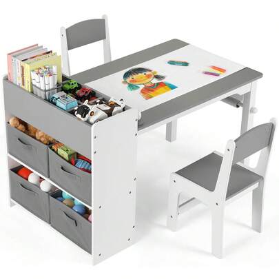 Kids Table And Chair Sets, Art Table With Storage Space, Wooden Children Drawing Table With Paper Wheels And 4 Storage Boxes, Toddler Table And Chairs Set For Drawing, Crafting, Writing, Learning