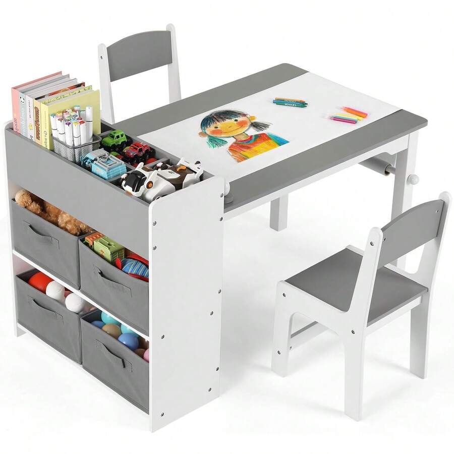 Kids Table And Chair Sets, Art Table With Storage Space, Wooden Children Drawing Table With Paper Wheels And 4 Storage Boxes, Toddler Table And Chairs Set For Drawing, Crafting, Writing, Learning - 灰色 - 查看 1