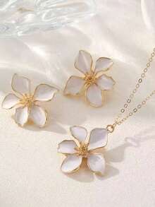 1 Necklace, 1 Pair Earrings, 4 Petals Colorful Enamel Pendant, Neurotransmitter Design Sweet And Fashionable Jewelry Set For Women, Suitable For Daily, Vacation, Party And Gift - Set - View 10