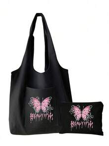 Bolsa de lona casual con estilo Y2k, con diseño de mariposa rosa y patrón de letra personalizado para mujeres. Equipada con una bolsa de maquillaje con cremallera negra, bolsa de almacenamiento casual portátil, bolsa de almacenamiento de artículos de tocador, bolsa de compras multifuncional, nuevo diseño, gran capacidad, muy adecuada para compras, bolso de hombro, bolso de mano, bolsa de almuerzo, lonchera, bolso cruzado, adecuada para hombres y mujeres, parejas, uso diario