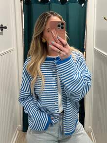 女士简约蓝白条纹休闲开衫，时尚返校风，适合秋冬日常通勤 - 藍白色 - 查看 8