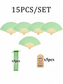 3/15/30pcs/Set, Green Wooden Folding Fan With Gift Bag Thank You Card Set, Thank You Card, Perfect Wedding Gift, Bridesmaid Folding Fan, Wedding Decorations For Weddings, Birthdays, Parties And Events, Women'S Folding Fan