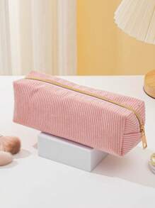 1 pieza El estuche de lápices de pana simple es fácil de llevar con gran capacidad, estuche de lápices para estudiantes/portátil de viaje/bolsa de almacenamiento de cosméticos para damas, de vuelta a la escuela