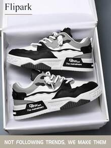 Flipark [建议选择小一码] 男士透气厚底白鞋，百搭休闲运动鞋，运动鞋，1 双男士系带字母图案 PU 平底滑板鞋，耐磨户外运动鞋