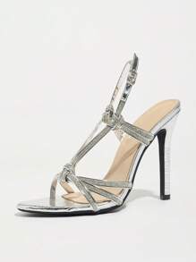 Sandalias de tacón alto de stiletto con punta redonda, estampado de hojas de bambú, hebilla con lazo de strass, elegantes, lujosas, de moda, adecuadas para banquetes, fiestas, glamorosas, tacones altos plateados