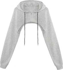 Women Crop Top Pullover Sweatshirt Long Sleeve Drawstring Hoodie - 灰色-a - 查看 1