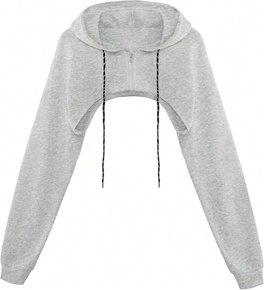 Women Crop Top Pullover Sweatshirt Long Sleeve Drawstring Hoodie - 灰色-a - 查看 1