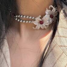 Flower On Neck ~ Special-Interest Design Iris Tectorum Flower Silver Pearl Necklace Men's And Women's Same Choker Clavicle Chain - Thánh giá ngọc trai #XL188 - Xem 4