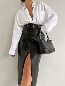 Draped Leather Midi Skirt With Front Opening, Slit And Side Zipper, Long, Elegant Evangelical, Chic Women's Clothing - 黑色的* - 查看 4