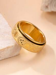 1 件减压不锈钢金色旋转戒指，带星星、月亮和太阳图案，适合男士和女士，日常佩戴，情人节礼物 - 金色 - 查看 3