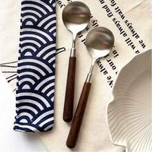 1 件仿胡桃木柄不锈钢勺子，复古小圆汤匙，餐具