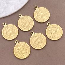 2pcs Stainless Steel Round Charm St Benedict Medals Cross Pendant Christian Metal Saint Pendant For Keychain Door Hanger Necklace DIY Jewelry Making - Gold - View 9