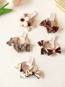 10 件儿童可爱简约复古花卉印花蝴蝶结发带，适合女孩的时尚低马尾辫发带，包装 - 咖啡棕 - 查看 3