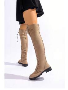 2025 New Fashion Women's Lace-Up Over-The-Knee Boots, Sexy Western Style Warm Over-The-Knee Boots, Lace-Up Slim Fit Black Party Boots - Khaki - View 4