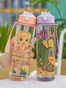 1pc 750ml/26oz Shan Hai Jing Themed Transparent Water Bottle - Leak-Proof Straw Lid, Portable Handle, Prominent Letter Print Design, Suitable For Hiking, Camping, Outdoor Sports, Cycling