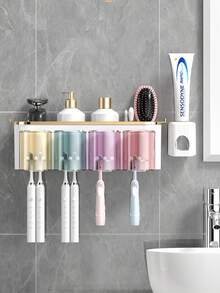 1pc Toothbrush Holder Wall Mounted, Bathroom Organizer With 4 Cups, Automatic Toothpaste Dispenser, Electric Toothbrush Holder, Adhesive Storage Caddy, No Drilling, Bathroom Accessories For Family & Adults, Essential For Halloween Guest Prep, Perfect Christmas Gift For Home. Bathroom Accessories Bathroom Tools - Multicolor - View 4