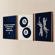 3 piezas de arte de pared sin marco con estampado de bola 8 y guepardo en azul marino, póster de arte minimalista de moda preppy, decoración estética para dormitorio, apartamento, sala de estar, dormitorio, decoración moderna del hogar
