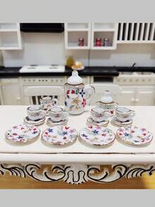 Juego de té vintage de 15 piezas con tetera, taza, plato y vajilla de cerámica blanca miniatura, modelo de casa, decoración de habitación, muebles para muñecas BJD/móviles y fotografía