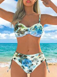 Conjunto de bikini de 2 piezas con tirantes de espagueti y estampado floral de verano para mujer - Azul - Ver 1