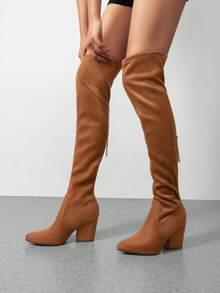 Women Pointed Toe Thigh High Over The Knee Boots Fashion Chunky Block Heel Long Boots For Autumn Winter Wearing, Casual Office Tall Boots - màu nâu - Xem 2