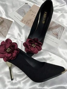 2 件红色花朵鞋夹，适用于高跟鞋、细高跟鞋、鞋配件、DIY 装饰 - 酒紅色 - 查看 1